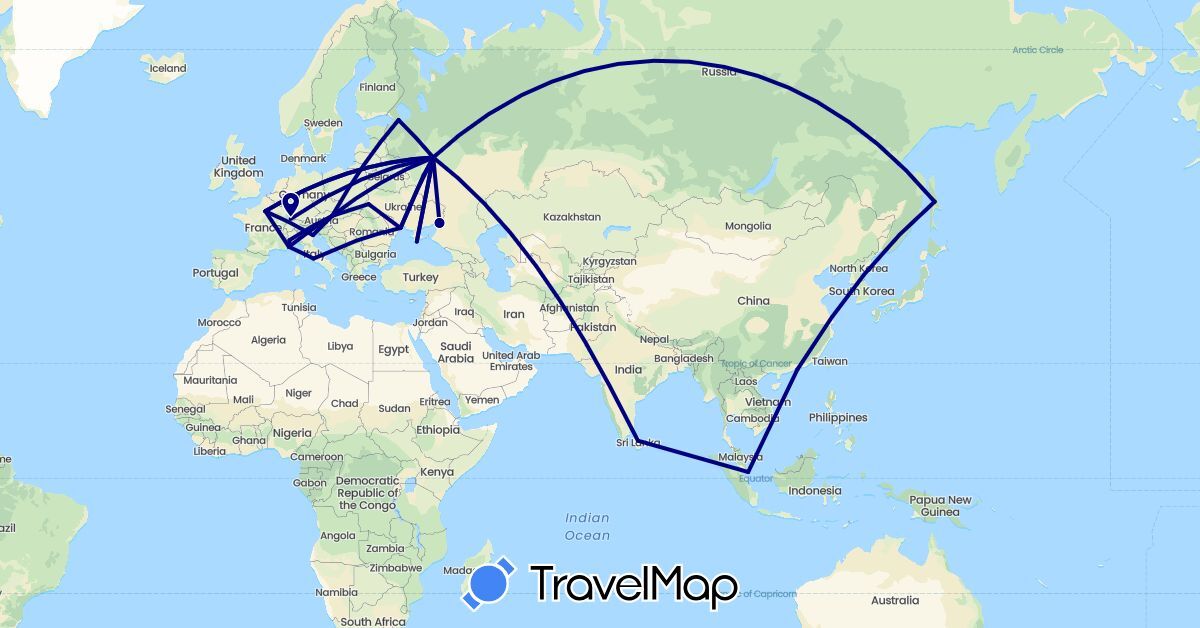 TravelMap itinerary: driving in Austria, China, Germany, France, Italy, Sri Lanka, Russia, Singapore, Ukraine (Asia, Europe)